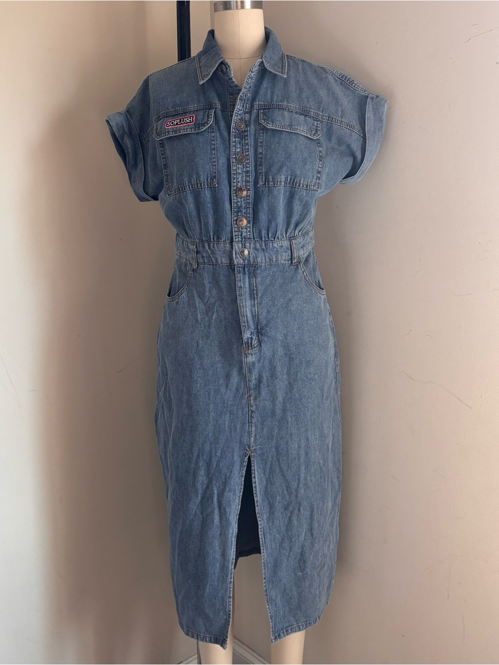 Button-Front Denim Midi Dress in Light Blue